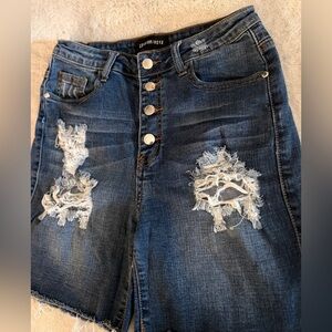 Fashion Nova Dark Blue Denim Shorts with Gold Button Accents
